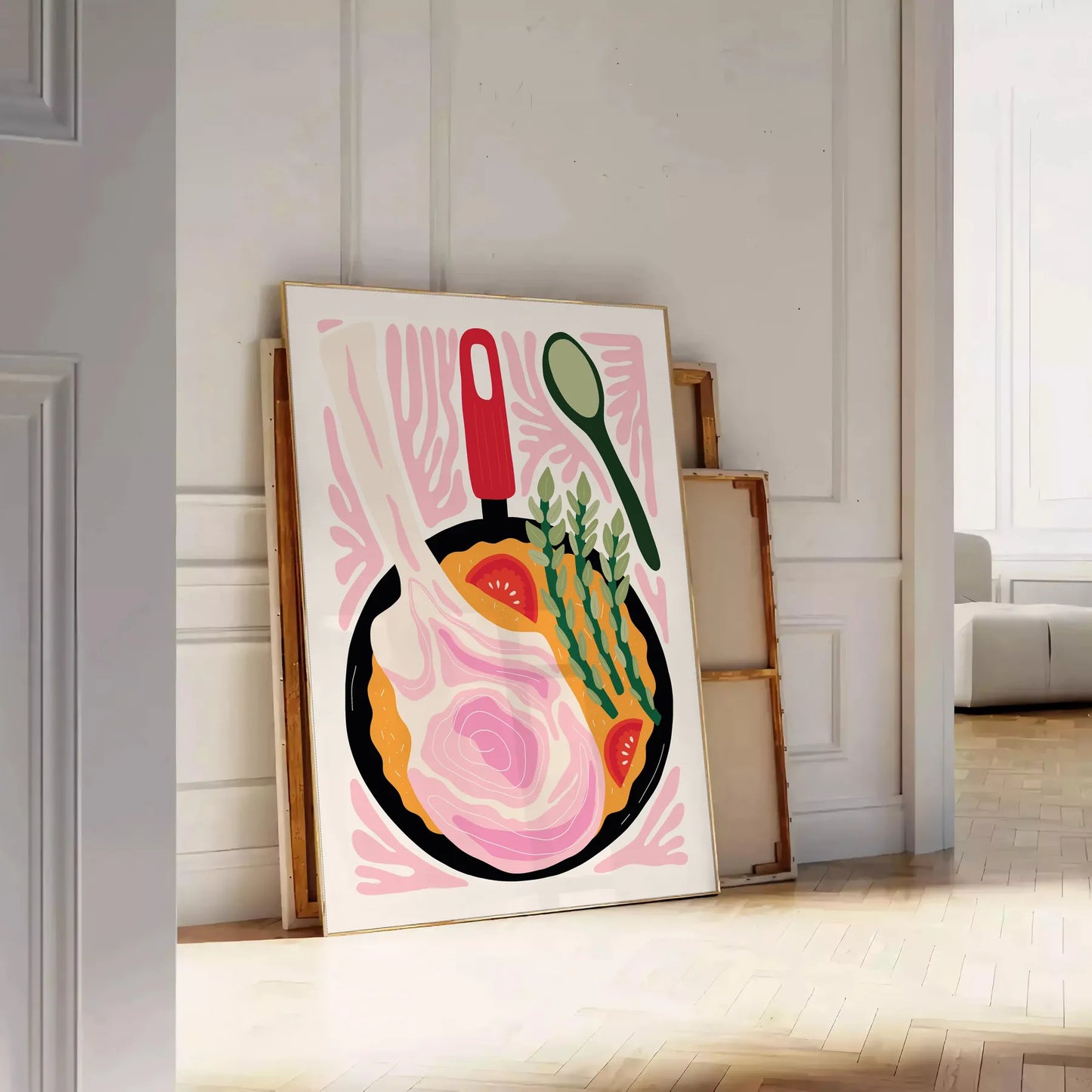 culinary space Kitchen 80s poster vibrant black orange hues wall art print charm decor unique artwork gift vintage enthusiasts available standalone