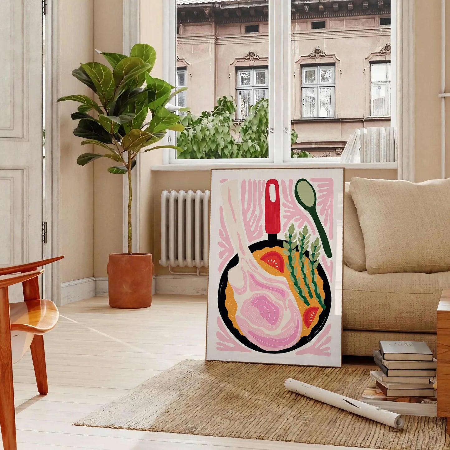 culinary space Kitchen 80s poster vibrant black orange hues wall art print charm decor unique artwork gift vintage enthusiasts available standalone
