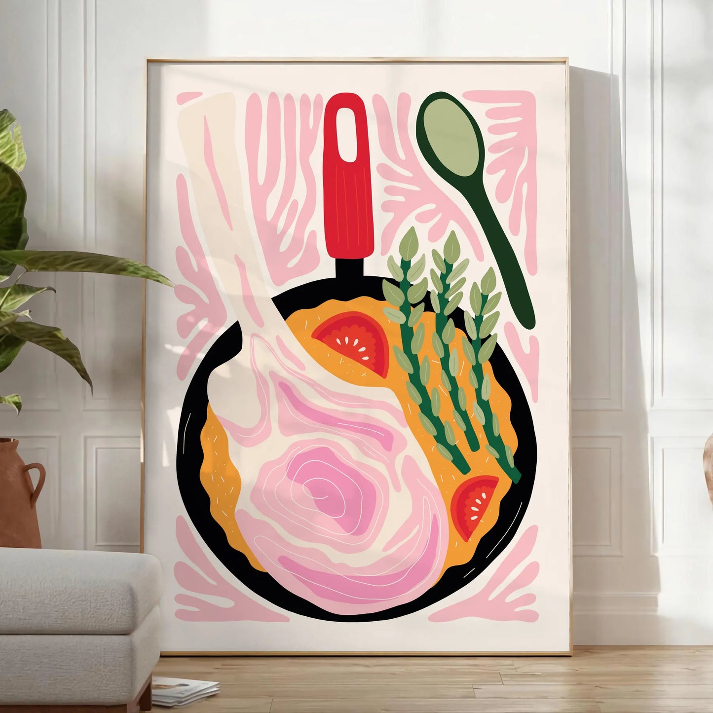culinary space Kitchen 80s poster vibrant black orange hues wall art print charm decor unique artwork gift vintage enthusiasts available standalone