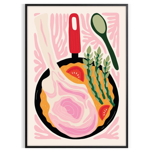 culinary space Kitchen 80s poster vibrant black orange hues wall art print charm decor unique artwork gift vintage enthusiasts available standalone
